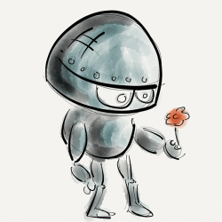 A cute robot holds out a flower.