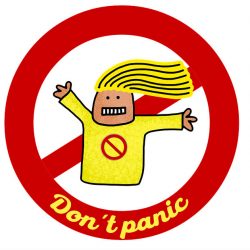 An illustration of a person with a yellow top and with yellow hair and the text "Don't panic."