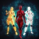 Three robots stand next to each other.