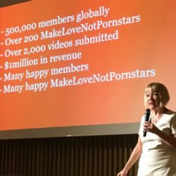Advertising maven Cindy Gallop stands on stage giving a presentatino on Make Love Not Porn.
