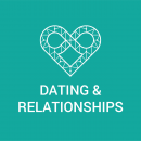A white heart outline with an infinity symbol as part of the top design and the words "Dating & Relationships" appear over a green background.