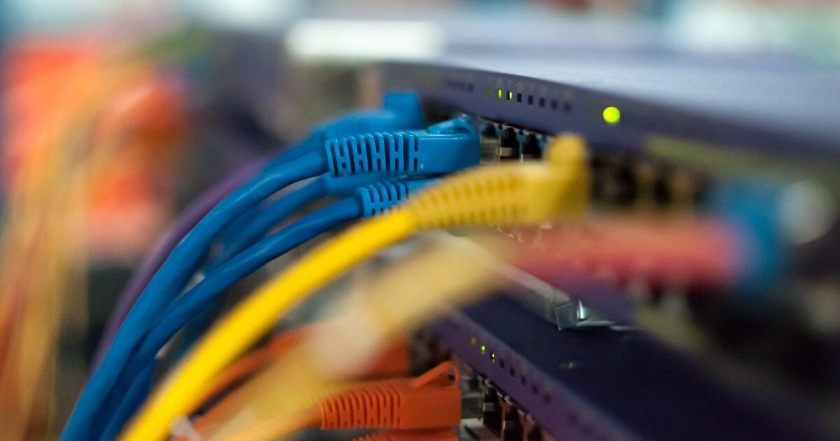 Image of Computer Server System with Red, Blue and Yellow Wires