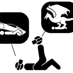 An illustration of two stick peple having sex while wearing VR headsets, with imagaintion bubbles over them showing what they are seeing.